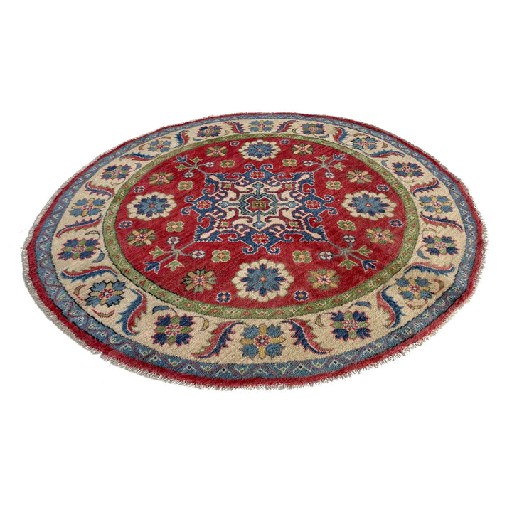 Red Afghan Kazak Rug 4'10" x 4'11" Hand-Knotted | No. AL18689