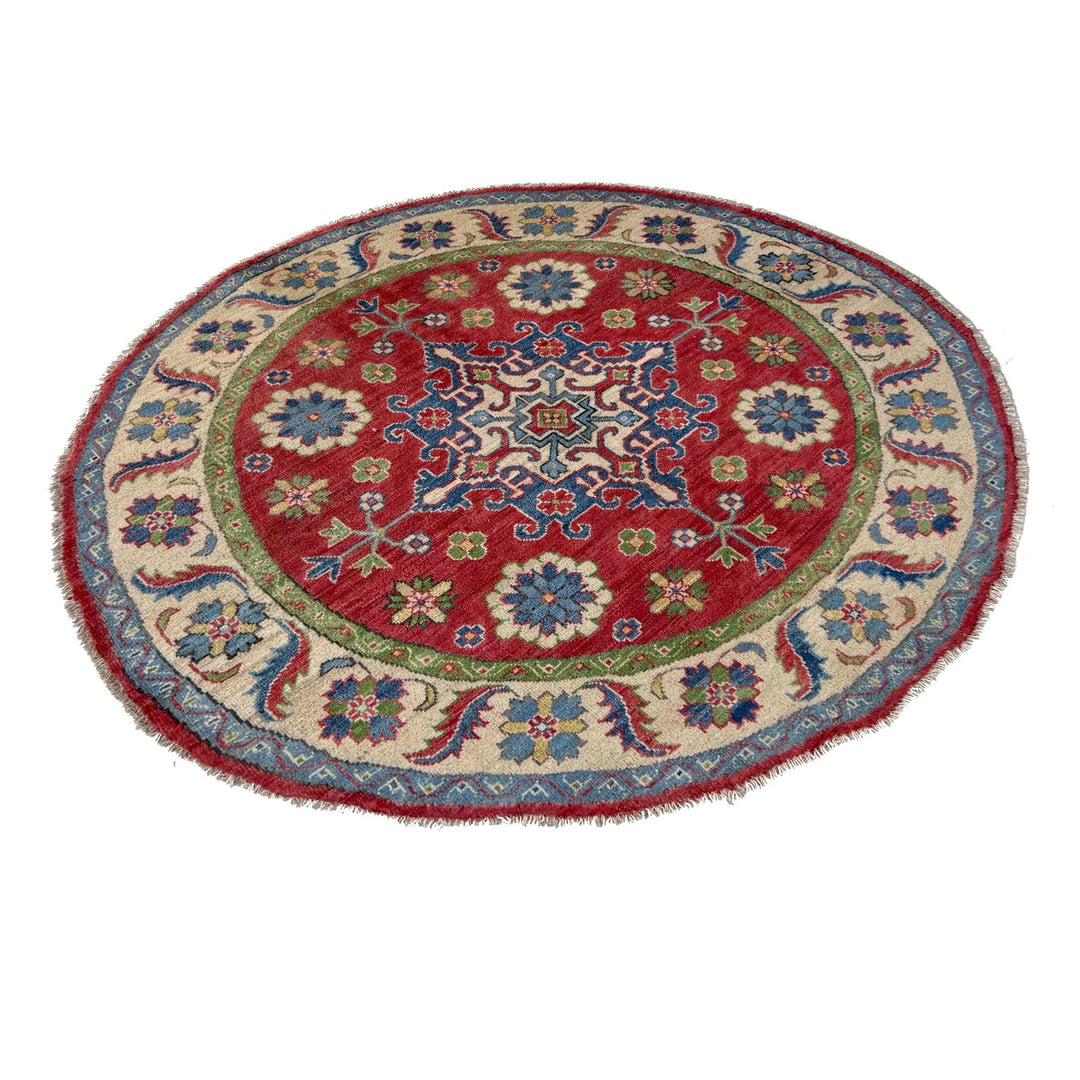Red Afghan Kazak Rug 4'10" x 4'11" Hand-Knotted | No. AL18689