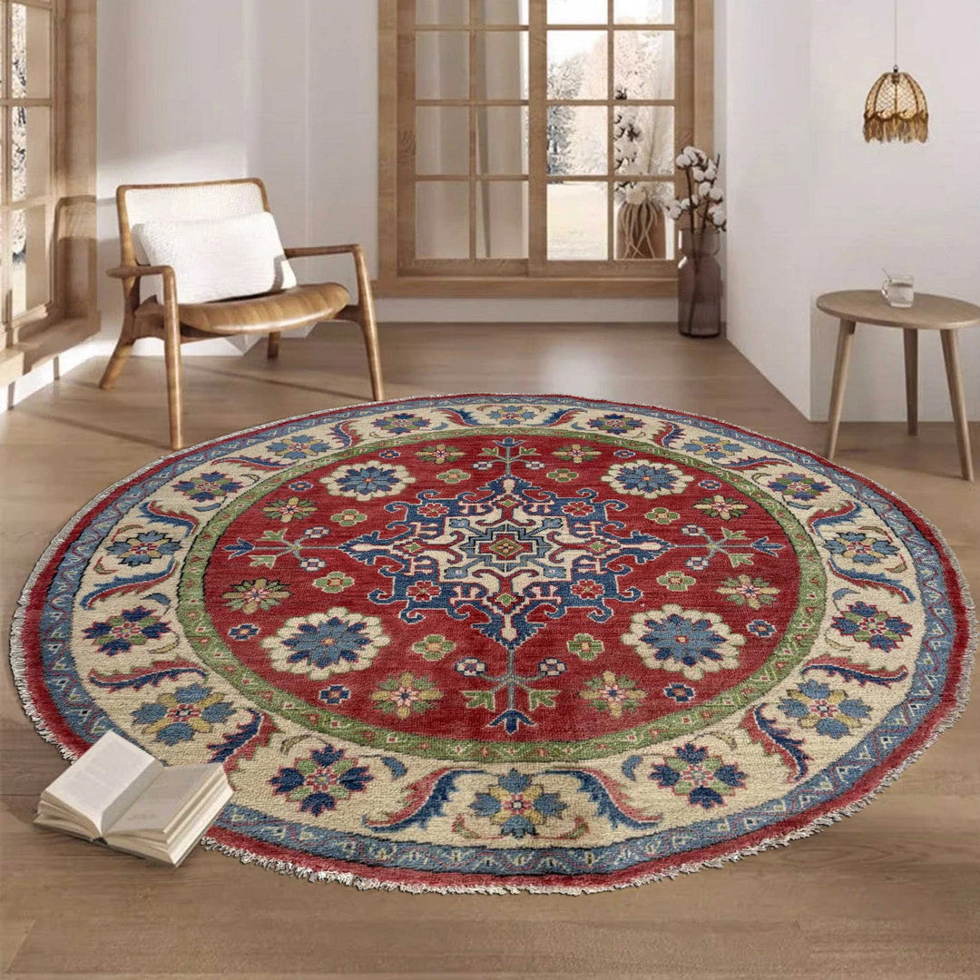 Red Afghan Kazak Rug 4'10" x 4'11" Hand-Knotted | No. AL18689