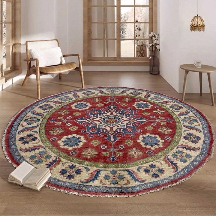 Red Afghan Kazak Rug 4'10" x 4'11" Hand-Knotted | No. AL18689