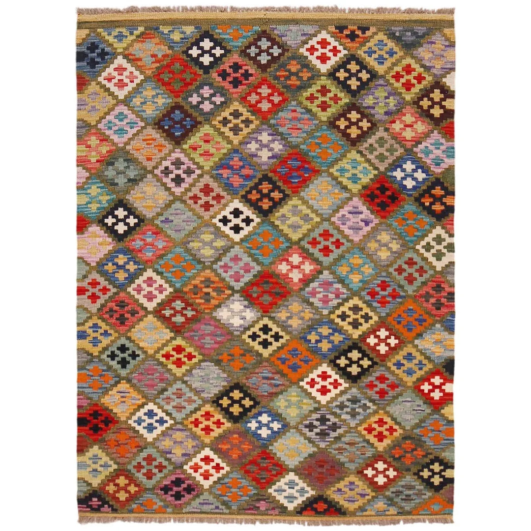 Afghan Vegetable Kelim Rug 3'7" x 4'11" Flat-Weave | No. AL18756
