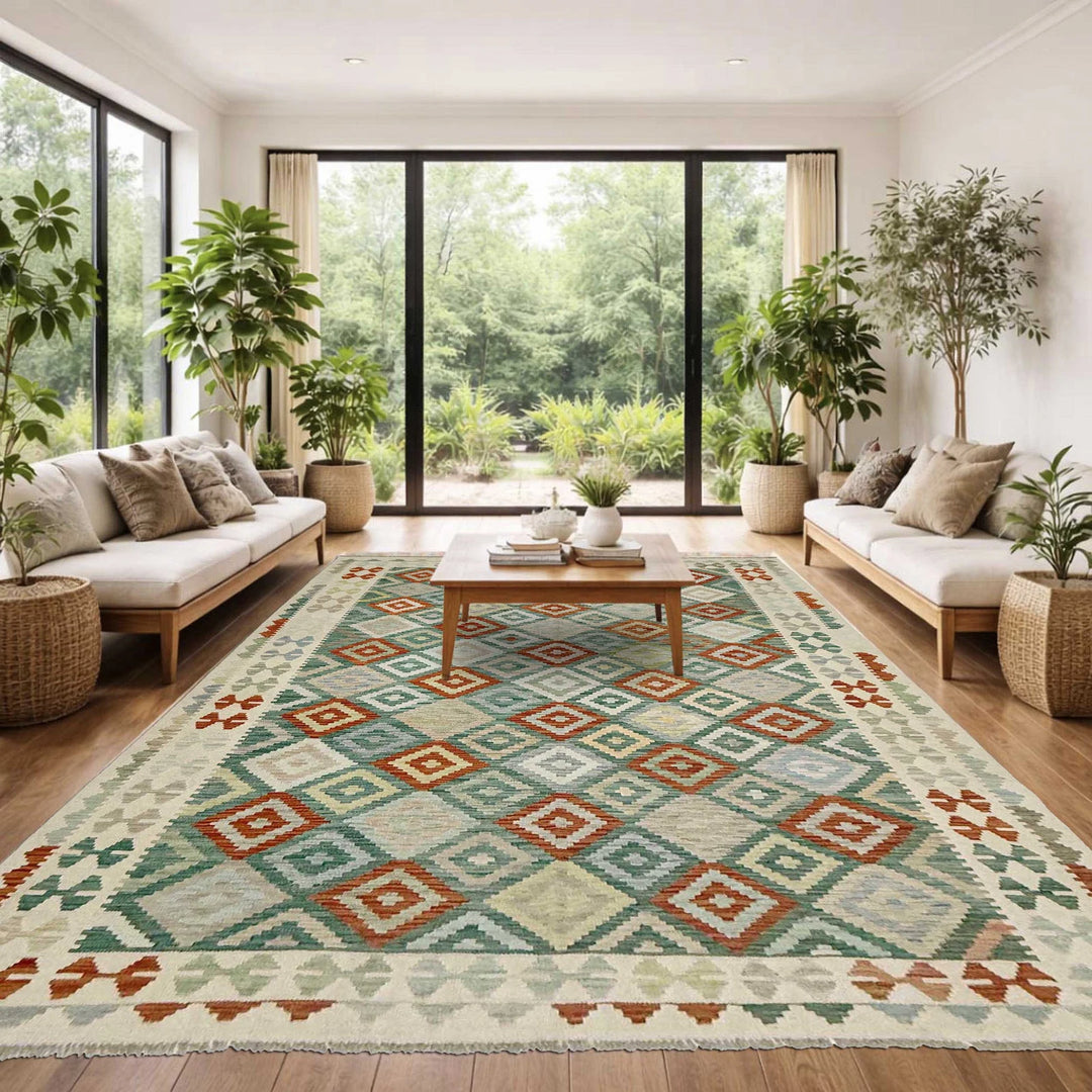 Afghan Vegetable Kilim Rug 6' 8" x 9' 8" Flat-Weave | No. AL189115