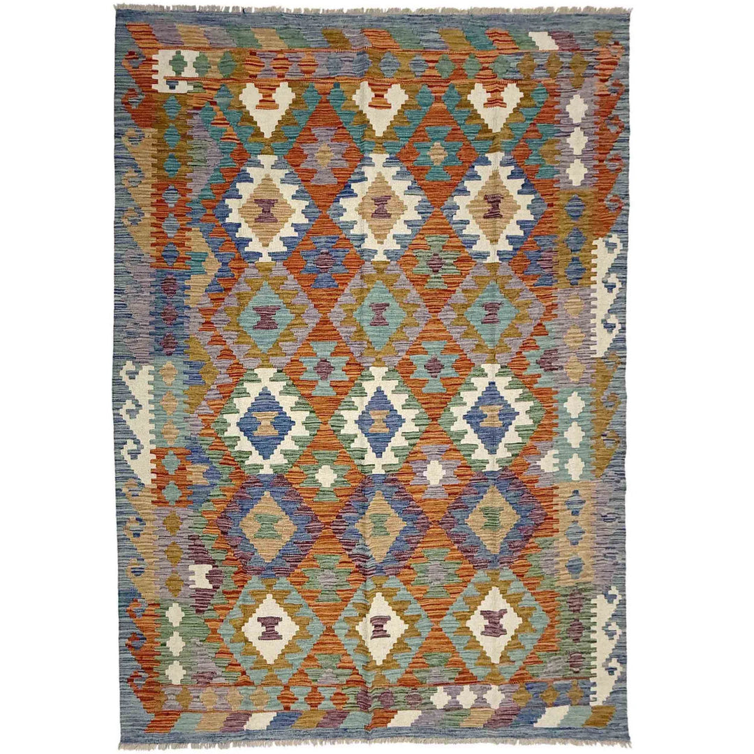 Multicolor Afghan Vegetable Kilim Rug 5' 8" x 8' 0" Flat-Weave | No. AL19013