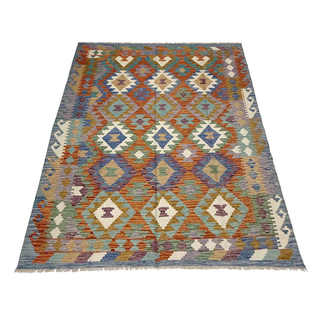 Multicolor Afghan Vegetable Kilim Rug 5' 8" x 8' 0" Flat-Weave | No. AL19013