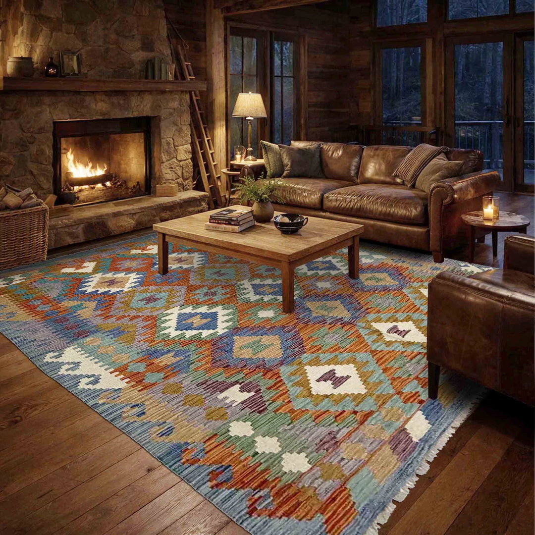 Multicolor Afghan Vegetable Kilim Rug 5' 8" x 8' 0" Flat-Weave | No. AL19013