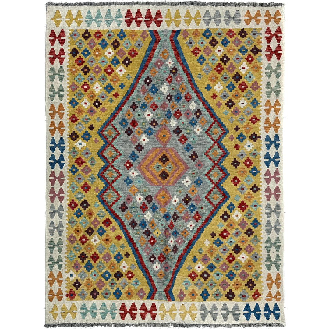 Multicolor Afghan Vegetable Kilim Rug 5' 1" x 6' 6" Flat-Weave | No. AL19103