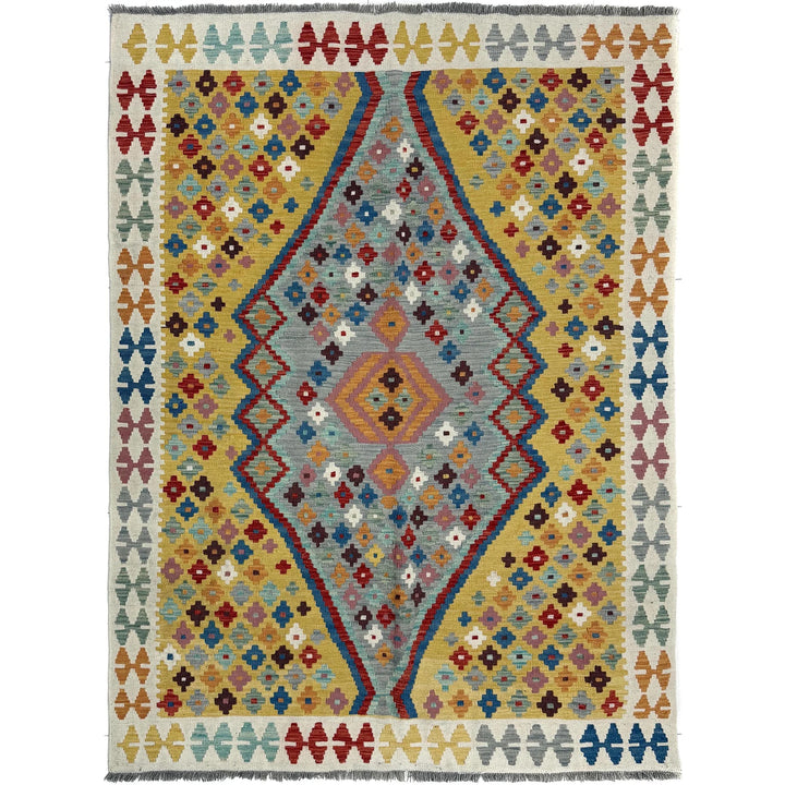 Multicolor Afghan Vegetable Kilim Rug 5' 1" x 6' 6" Flat-Weave | No. AL19103