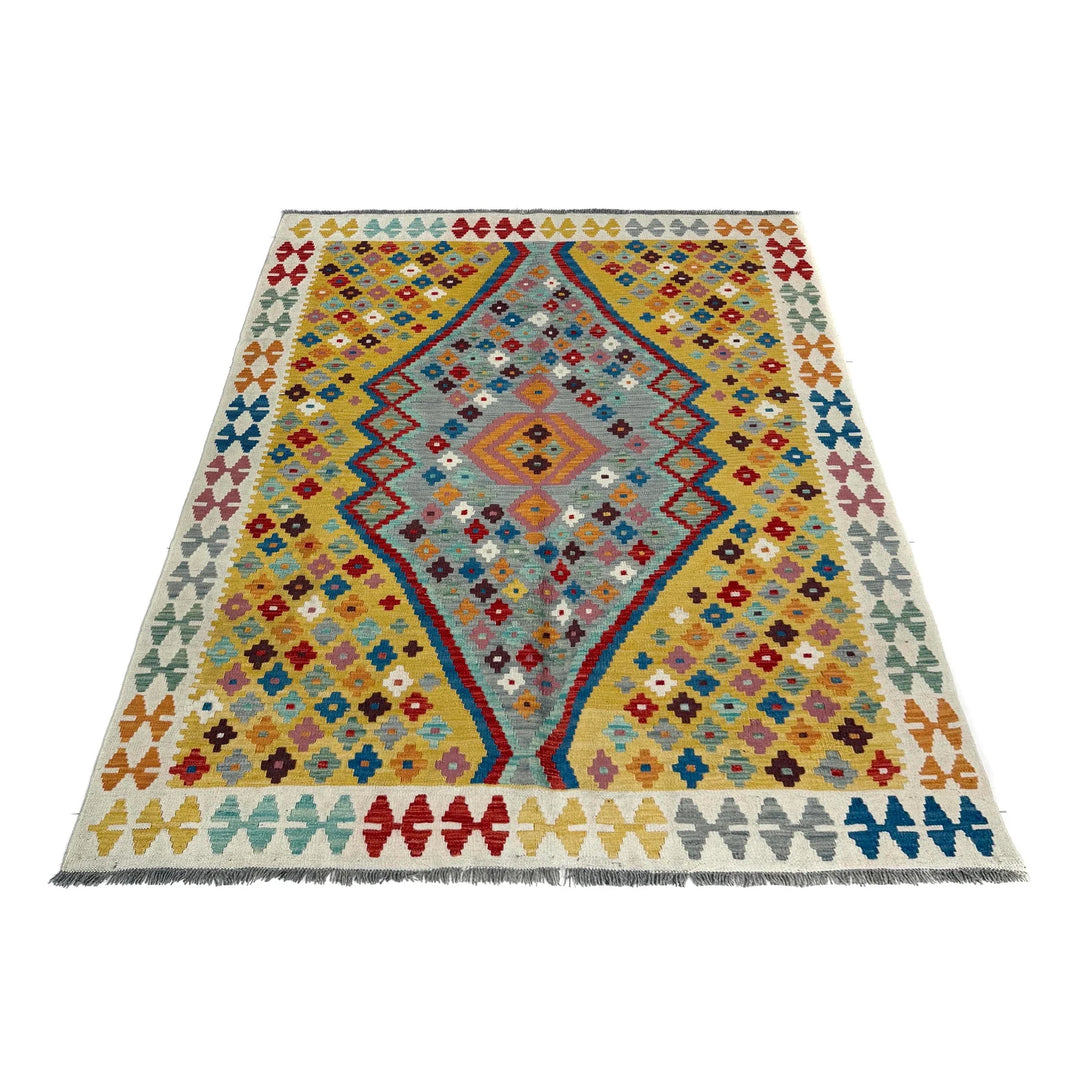 Multicolor Afghan Vegetable Kilim Rug 5' 1" x 6' 6" Flat-Weave | No. AL19103