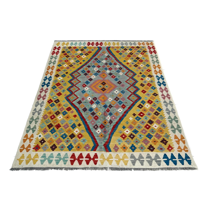 Multicolor Afghan Vegetable Kilim Rug 5' 1" x 6' 6" Flat-Weave | No. AL19103