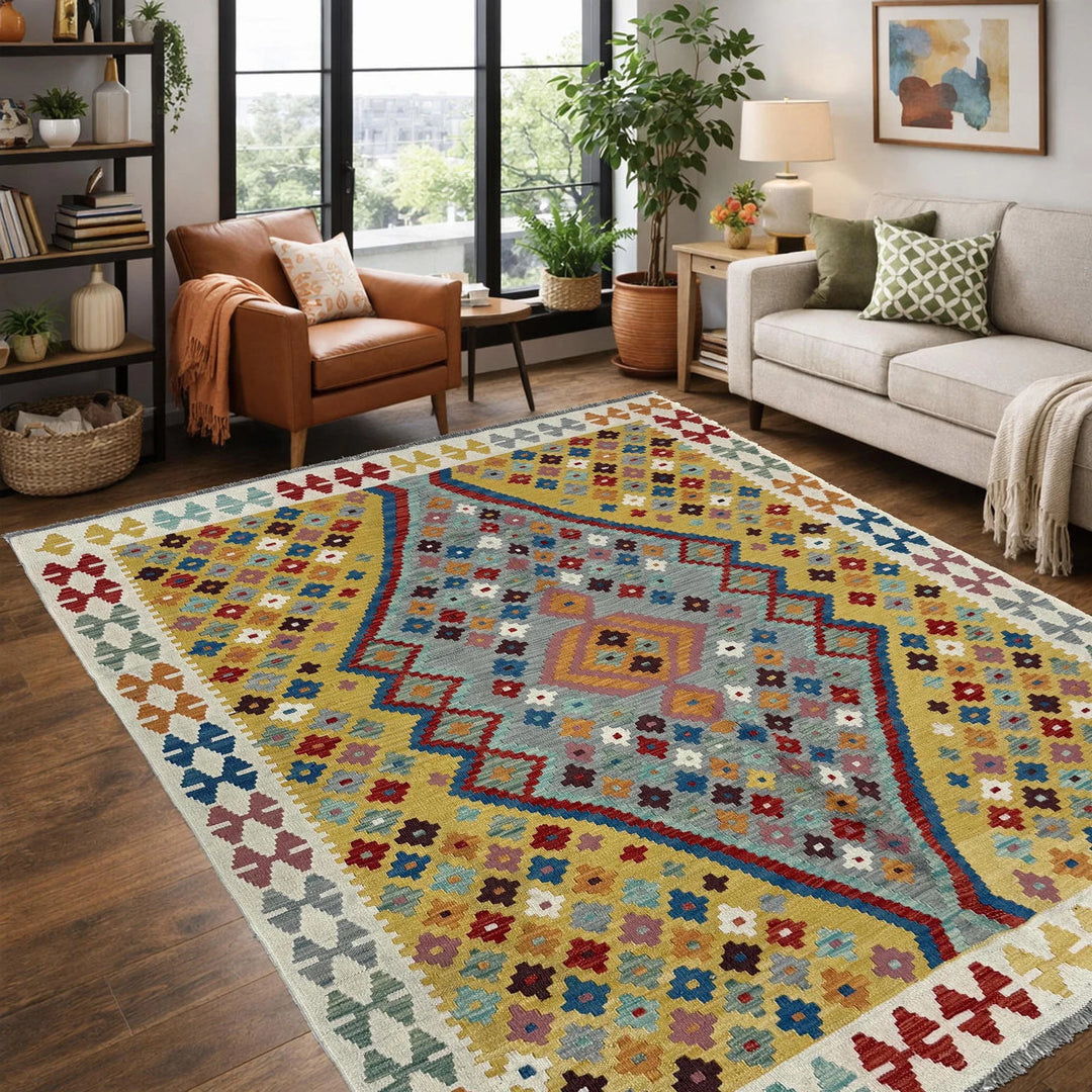 Multicolor Afghan Vegetable Kilim Rug 5' 1" x 6' 6" Flat-Weave | No. AL19103