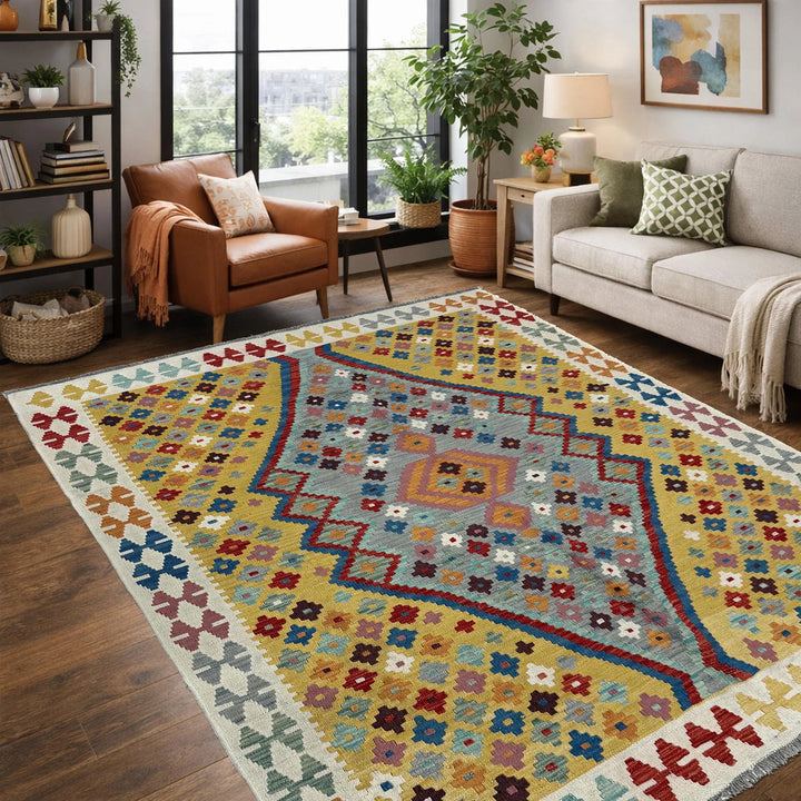 Multicolor Afghan Vegetable Kilim Rug 5' 1" x 6' 6" Flat-Weave | No. AL19103