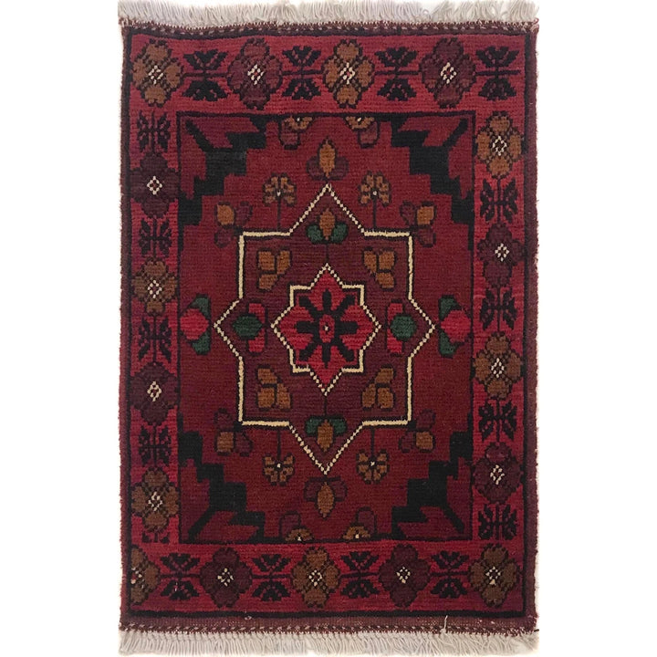 Red Afghan Oriental Doormat 1' 4" x 1' 11" Hand-Knotted | No. AL19149