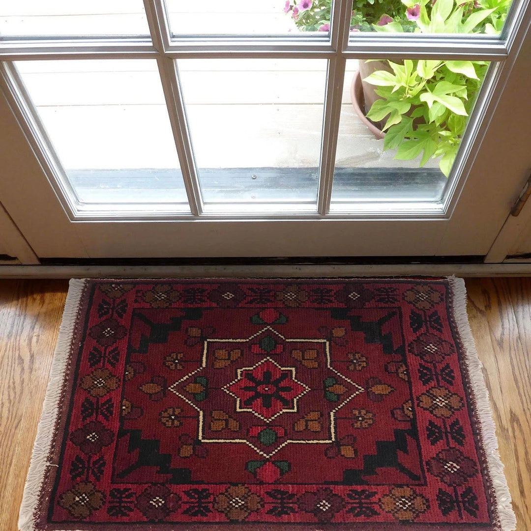 Red Afghan Oriental Doormat 1' 4" x 1' 11" Hand-Knotted | No. AL19149