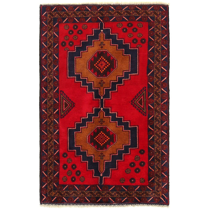 Red Afghan Baluchi Rug 3' 2" x 4' 11" Hand-Knotted | No. AL19277