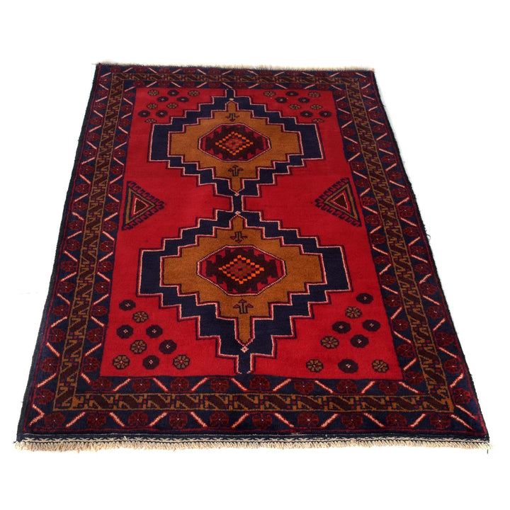 Red Afghan Baluchi Rug 3' 2" x 4' 11" Hand-Knotted | No. AL19277