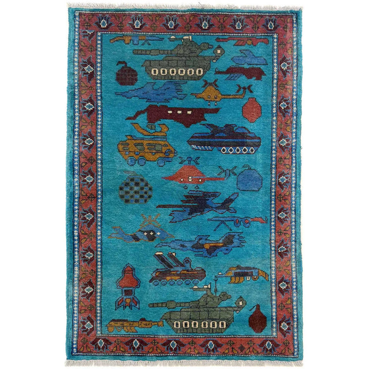 Blue Afghan War Carpet Rug 2' 7" x 4' 2" Hand-Knotted | No. AL19280