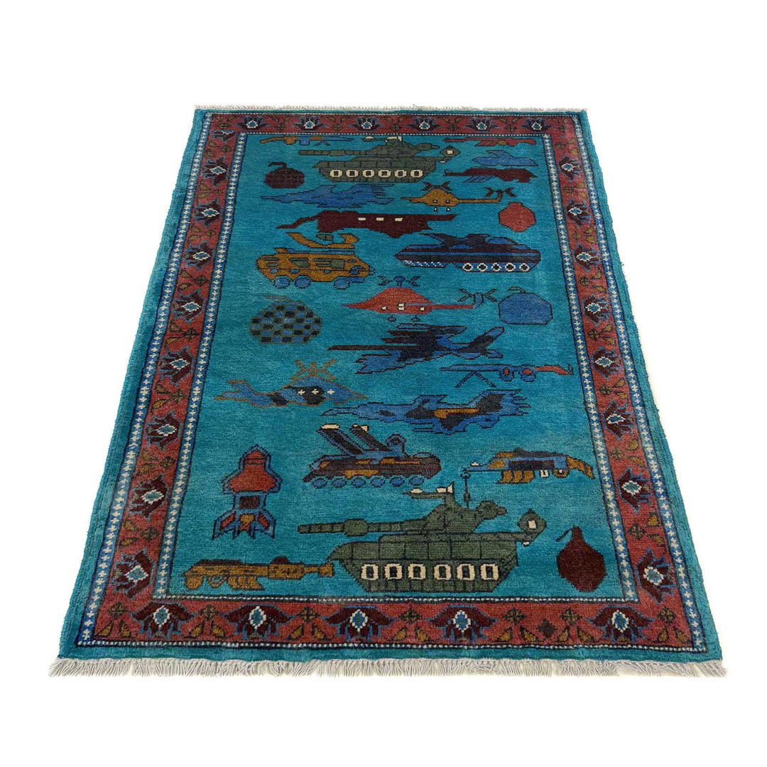 Blue Afghan War Carpet Rug 2' 7" x 4' 2" Hand-Knotted | No. AL19280