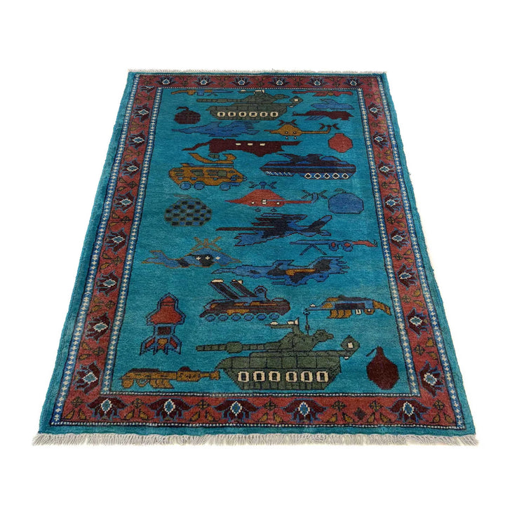 Blue Afghan War Carpet Rug 2' 7" x 4' 2" Hand-Knotted | No. AL19280