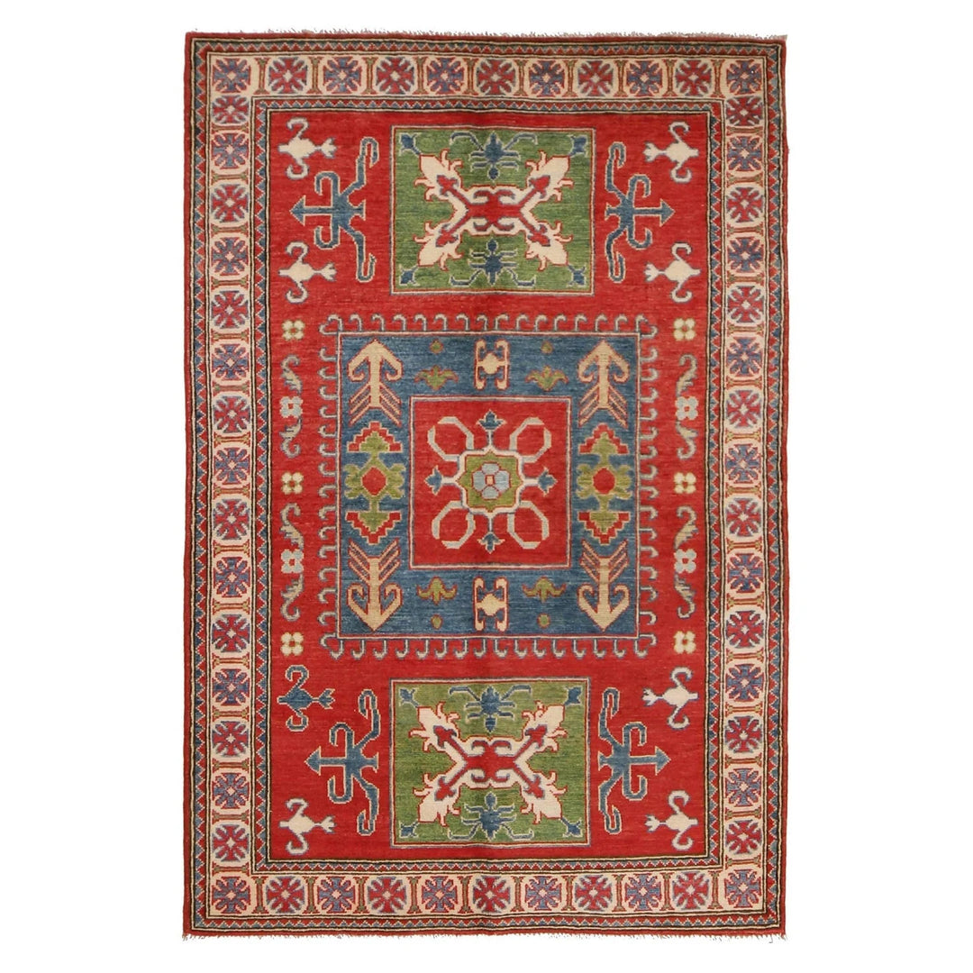 Red Afghan Kazak Rug 3' 10" x 5' 11" Hand-Knotted | No. AL19442