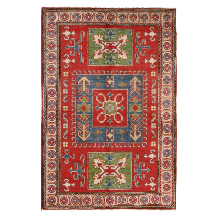 Red Afghan Kazak Rug 3' 10" x 5' 11" Hand-Knotted | No. AL19442