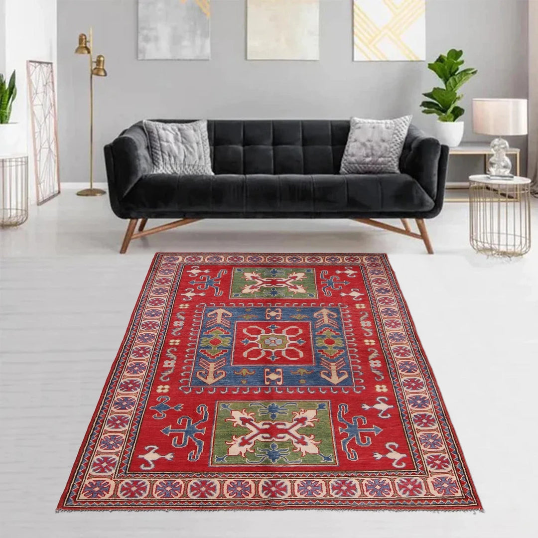 Red Afghan Kazak Rug 3' 10" x 5' 11" Hand-Knotted | No. AL19442