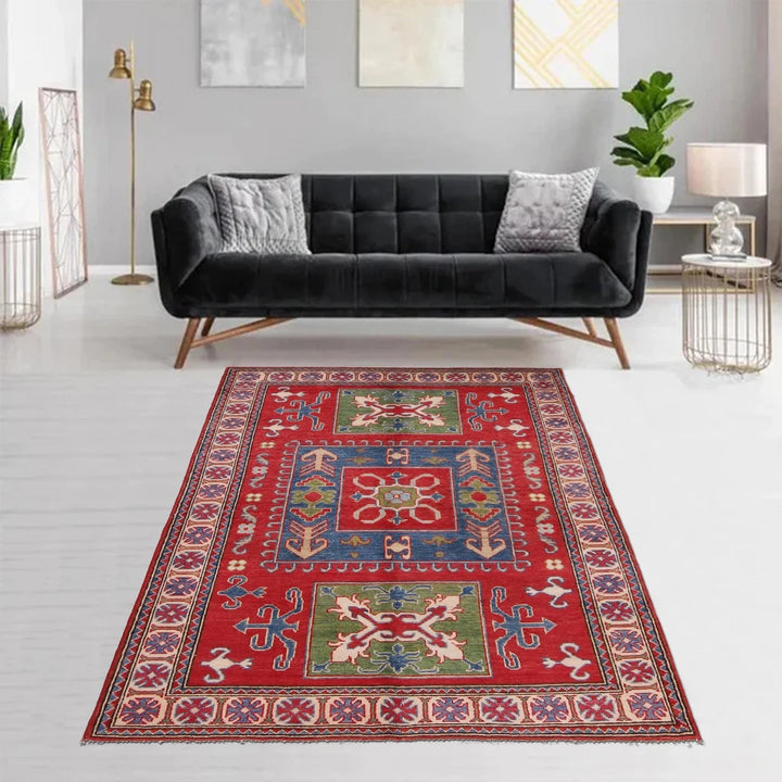 Red Afghan Kazak Rug 3' 10" x 5' 11" Hand-Knotted | No. AL19442
