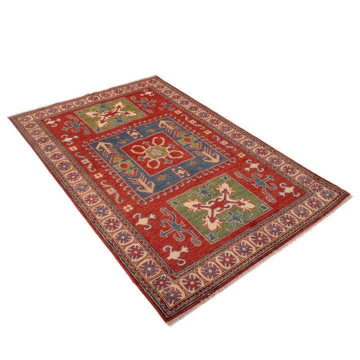 Red Afghan Kazak Rug 3' 10" x 5' 11" Hand-Knotted | No. AL19442