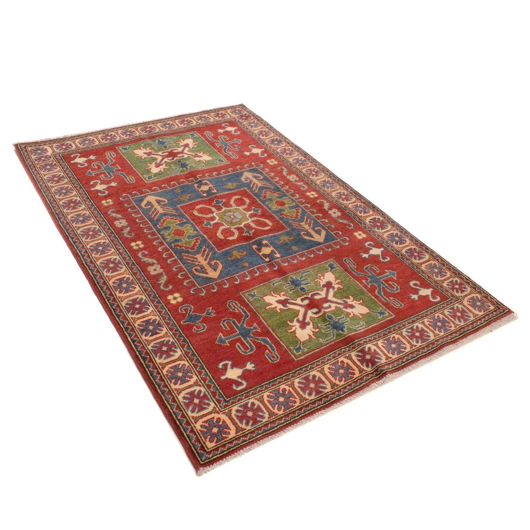Red Afghan Kazak Rug 3' 10" x 5' 11" Hand-Knotted | No. AL19442
