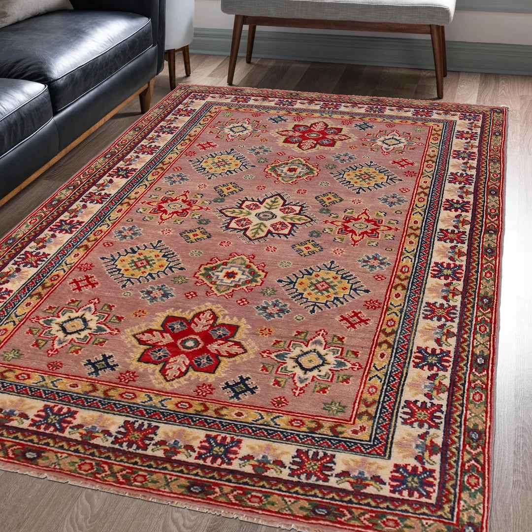 Dusty Rose Afghan Kazak Rug 4' 0" x 5' 11" Hand-Knotted | No. AL19479