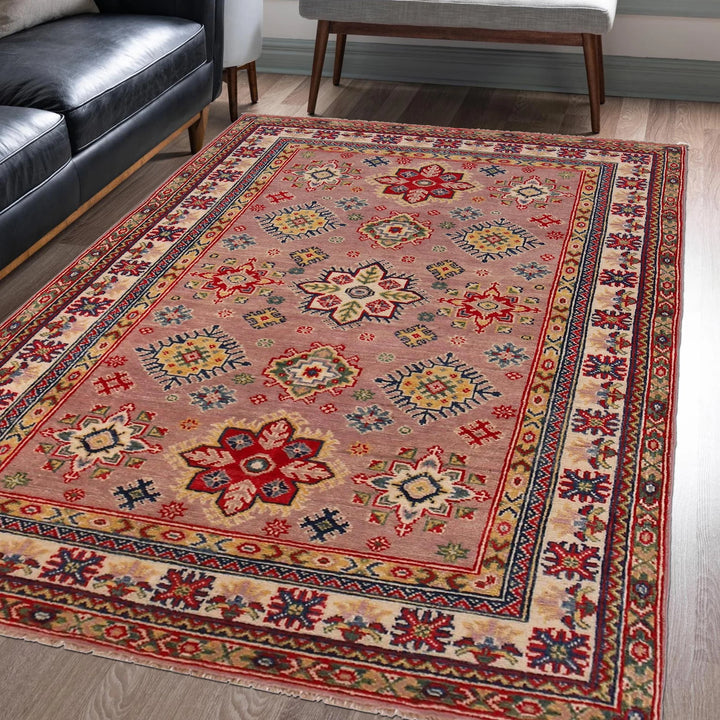 Dusty Rose Afghan Kazak Rug 4' 0" x 5' 11" Hand-Knotted | No. AL19479
