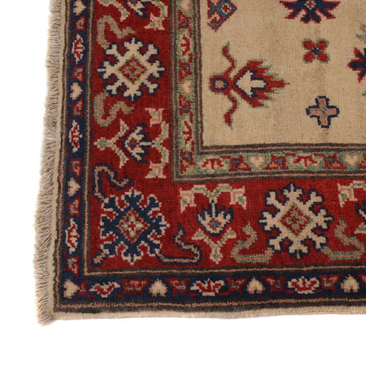 Ivory Afghan Kazak Rug 3' 5" x 4' 9" Hand-Knotted | No. AL19601