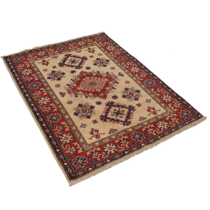 Ivory Afghan Kazak Rug 3' 5" x 4' 9" Hand-Knotted | No. AL19601