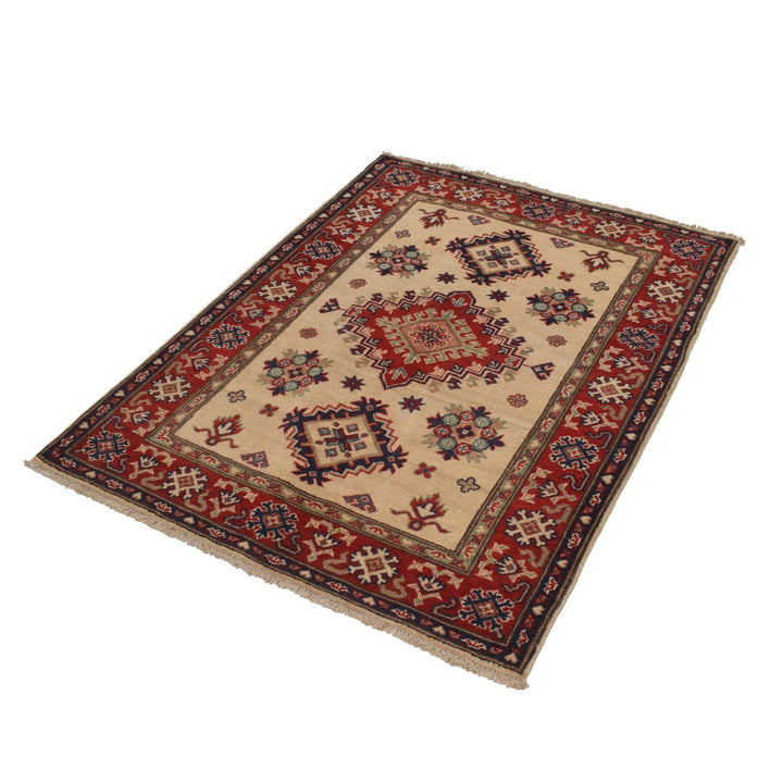 Ivory Afghan Kazak Rug 3' 5" x 4' 9" Hand-Knotted | No. AL19601