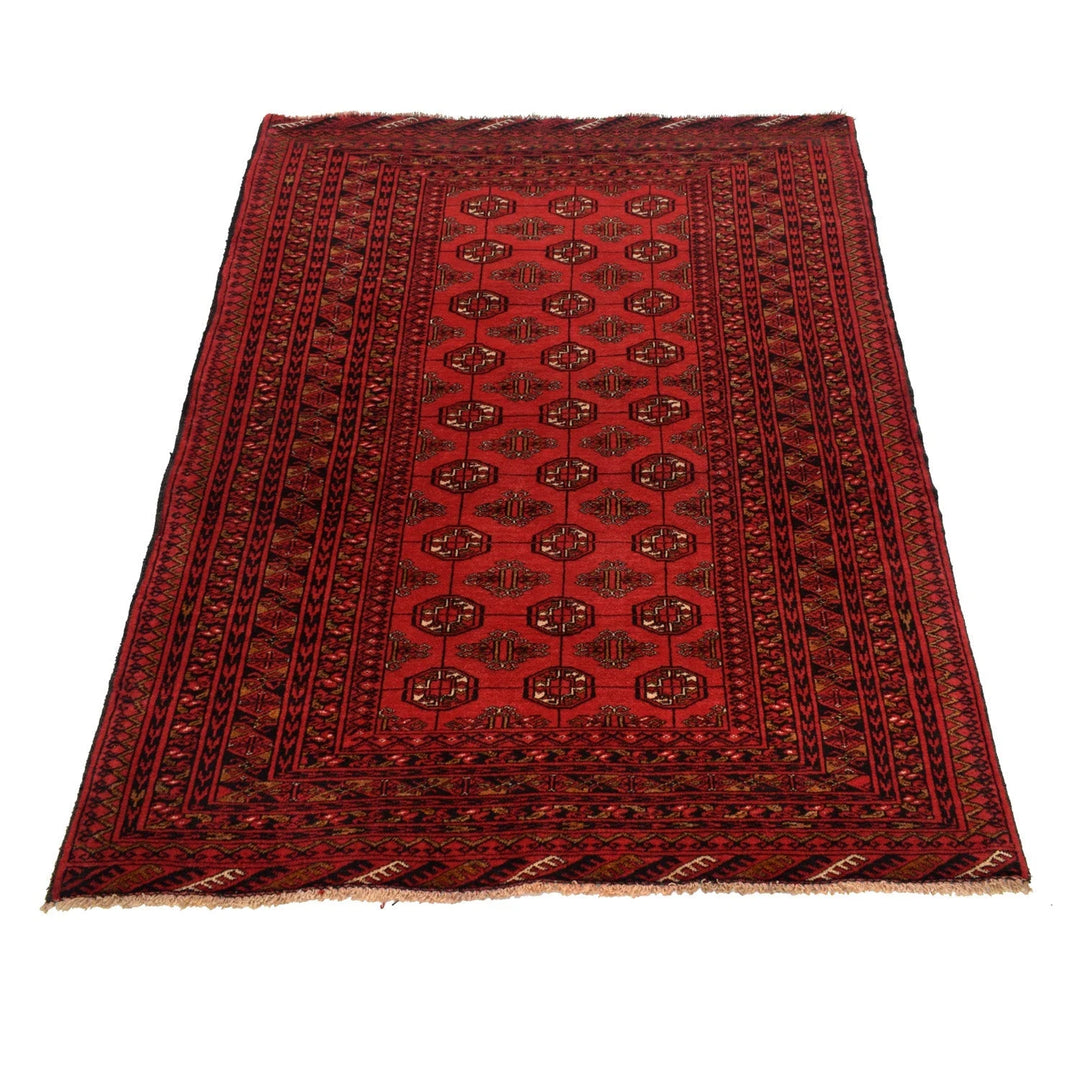 Red Afghan Bokhara Rug 4' 1" x 5' 7" Hand-Knotted | No. AL19627