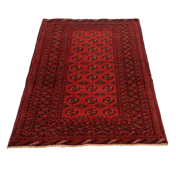 Red Afghan Bokhara Rug 4' 1" x 5' 7" Hand-Knotted | No. AL19627