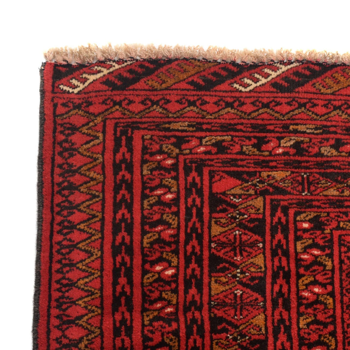 Red Afghan Bokhara Rug 4' 1" x 5' 7" Hand-Knotted | No. AL19627
