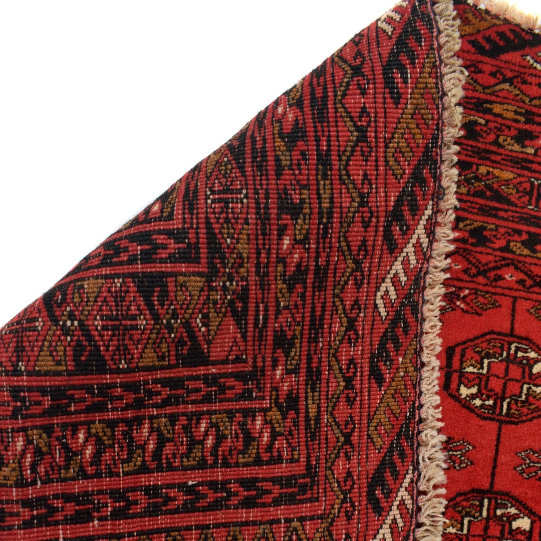 Red Afghan Bokhara Rug 4' 1" x 5' 7" Hand-Knotted | No. AL19627