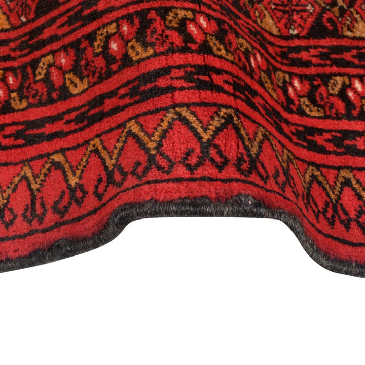 Red Afghan Bokhara Rug 4' 1" x 5' 7" Hand-Knotted | No. AL19627