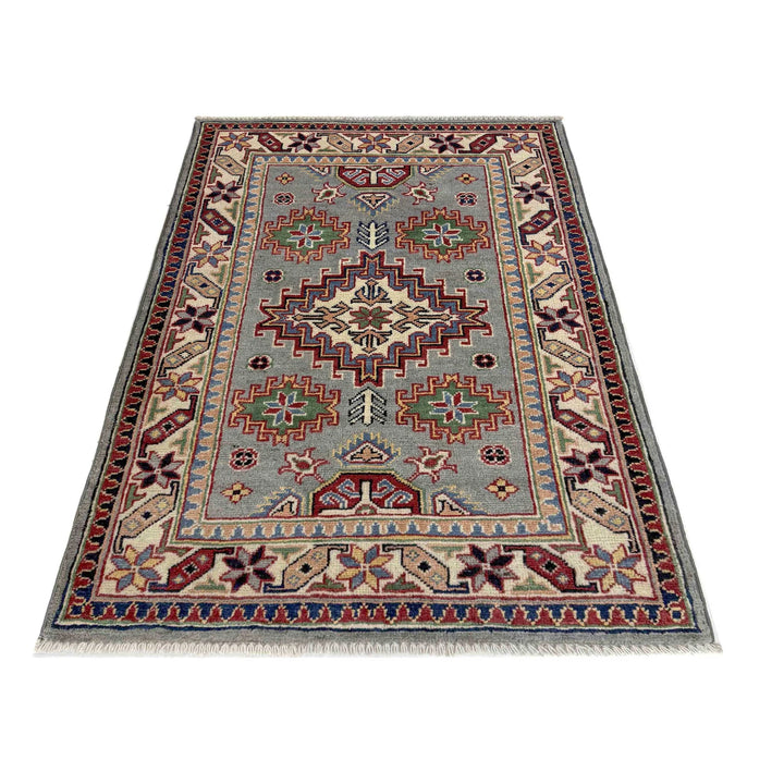 Gray Afghan Kazak Rug 2' 4" x 3' 10" Hand-Knotted | No. AL19650