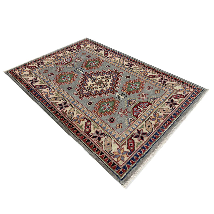 Gray Afghan Kazak Rug 2' 4" x 3' 10" Hand-Knotted | No. AL19650