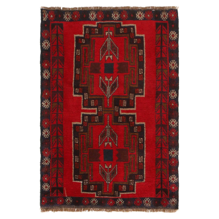 Red Afghan Baluchi Rug 3' 0" x 4' 4" Hand-Knotted | No. AL19775