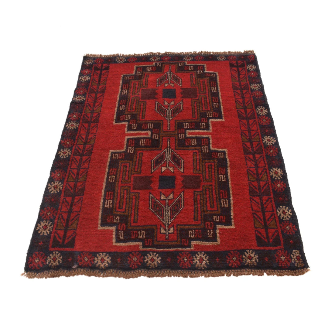 Red Afghan Baluchi Rug 3' 0" x 4' 4" Hand-Knotted | No. AL19775