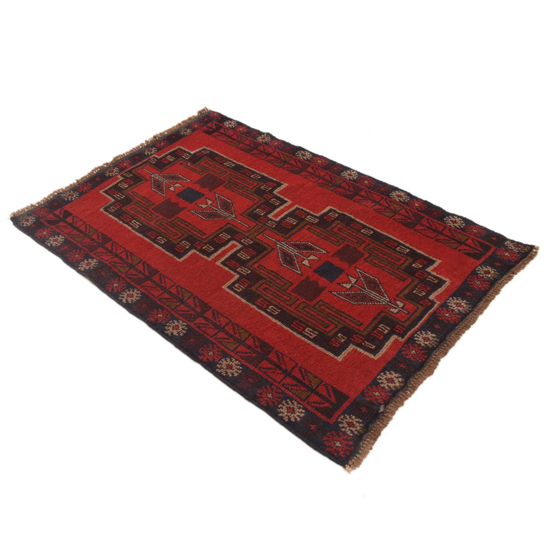 Red Afghan Baluchi Rug 3' 0" x 4' 4" Hand-Knotted | No. AL19775
