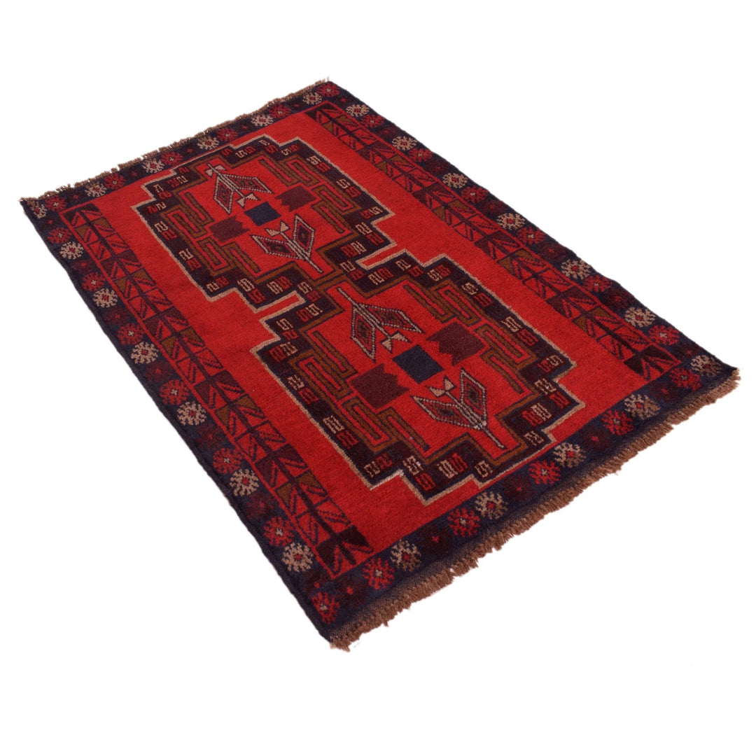 Red Afghan Baluchi Rug 3' 0" x 4' 4" Hand-Knotted | No. AL19775