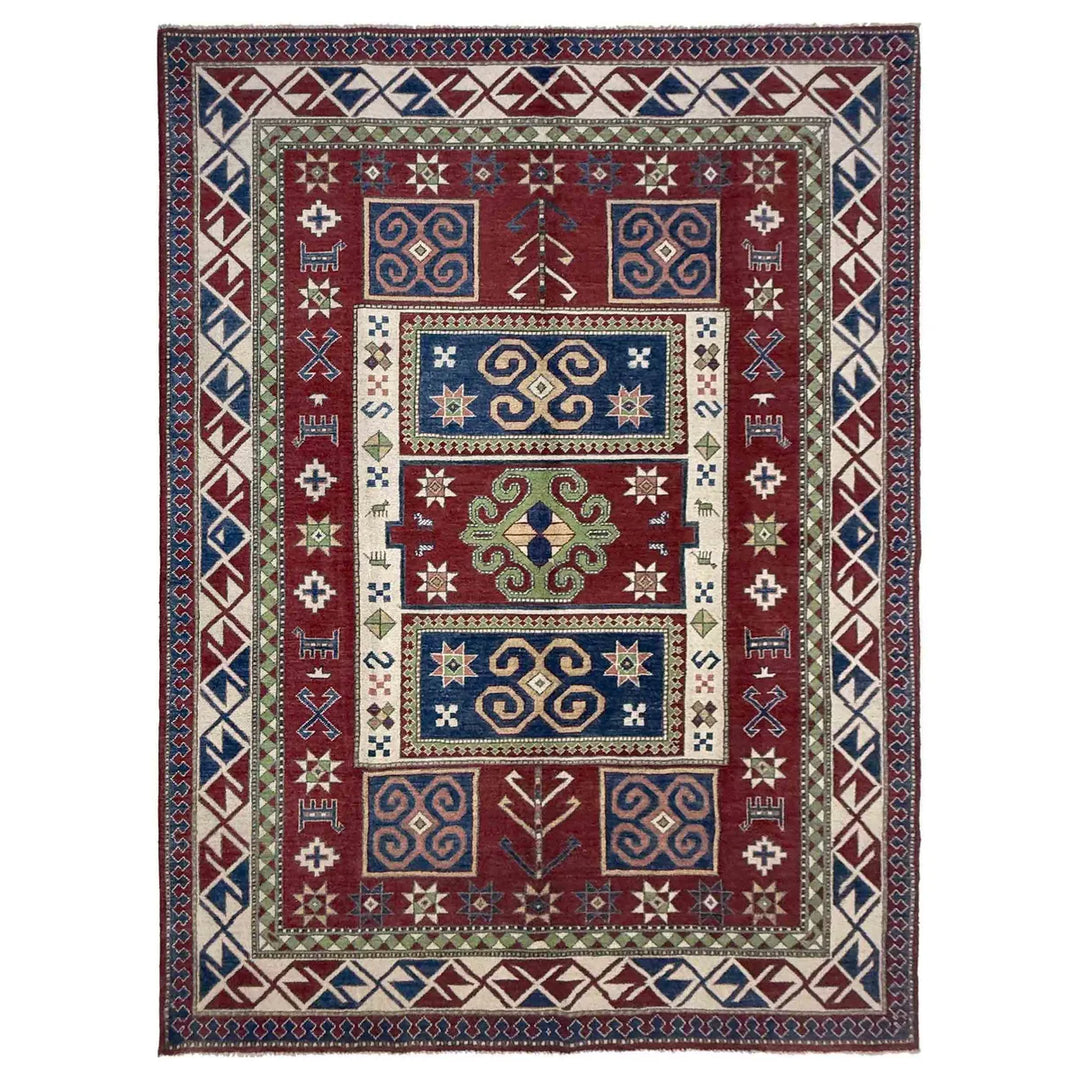 Red Afghan Kazak Rug 6' 4" x 9' 7" Hand-Knotted | No. AL19921