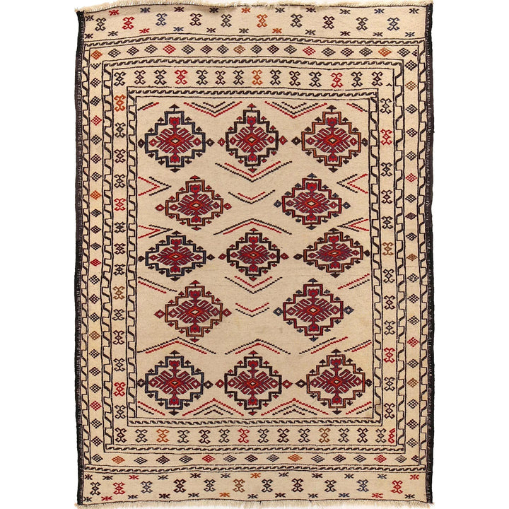 White Afghan Soumak Rug 4' 6" x 6' 4" Flat-Weave | No. AL19951
