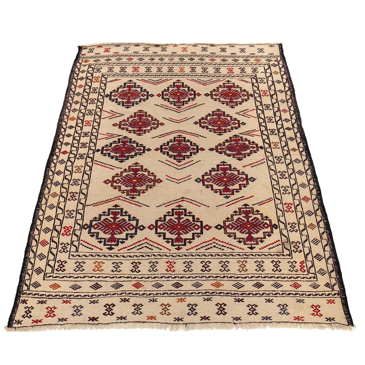 White Afghan Soumak Rug 4' 6" x 6' 4" Flat-Weave | No. AL19951