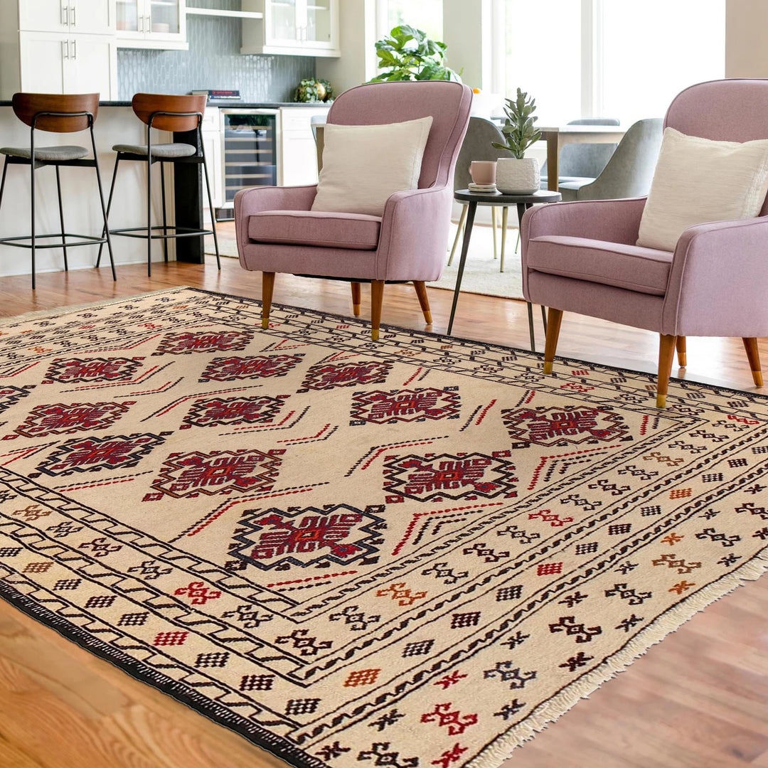 White Afghan Soumak Rug 4' 6" x 6' 4" Flat-Weave | No. AL19951