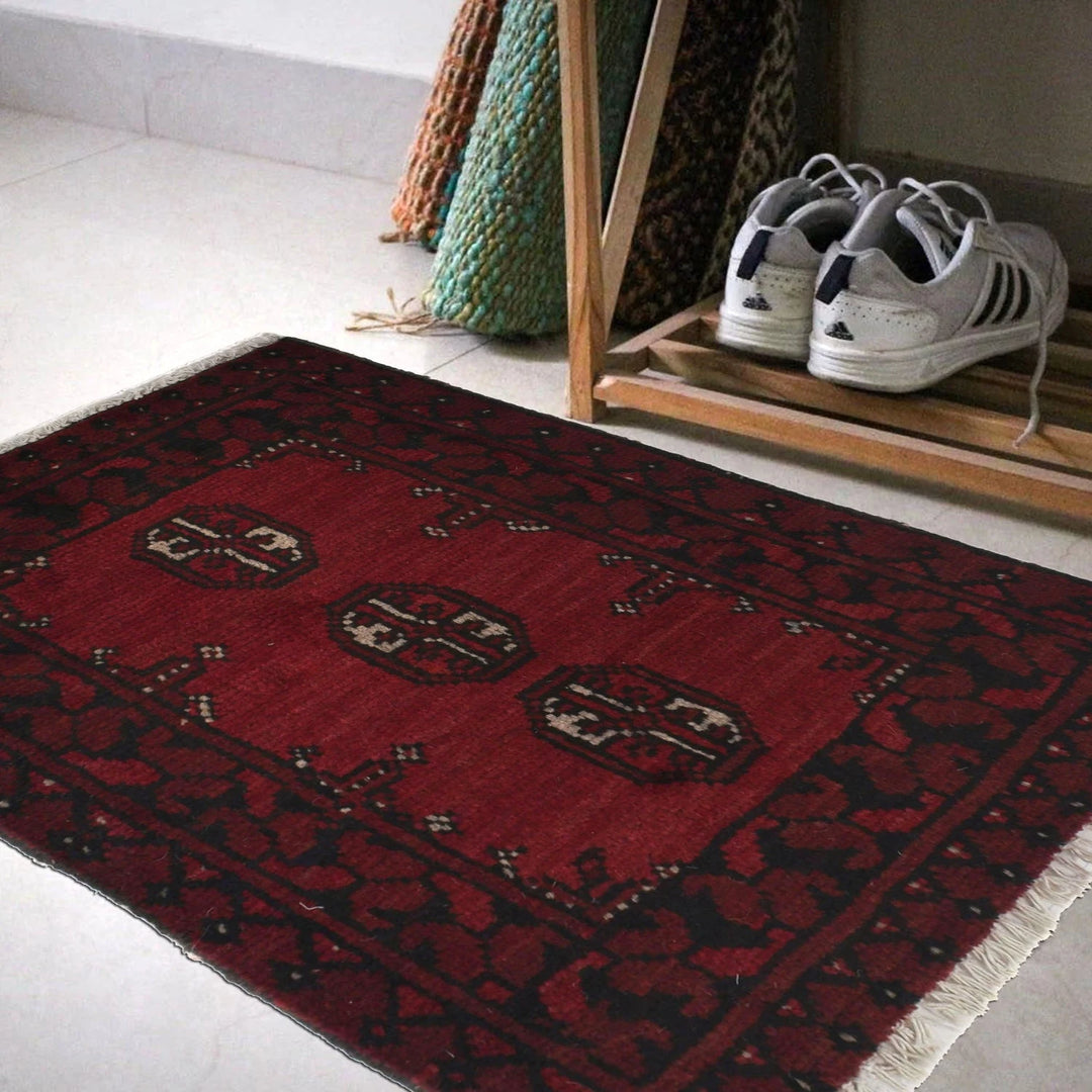 Red Afghan Oriental Doormat 1' 10" x 2' 3" Hand-Knotted | No. AL20001