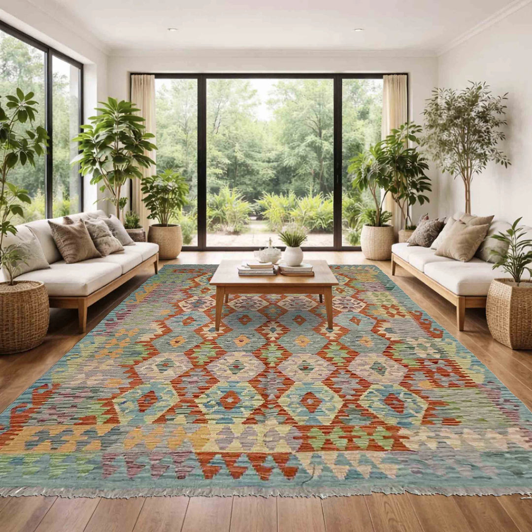 Multicolor Afghan Vegetable Kilim Rug 5' 10" x 8' 1" Flat-Weave | No. AL20070